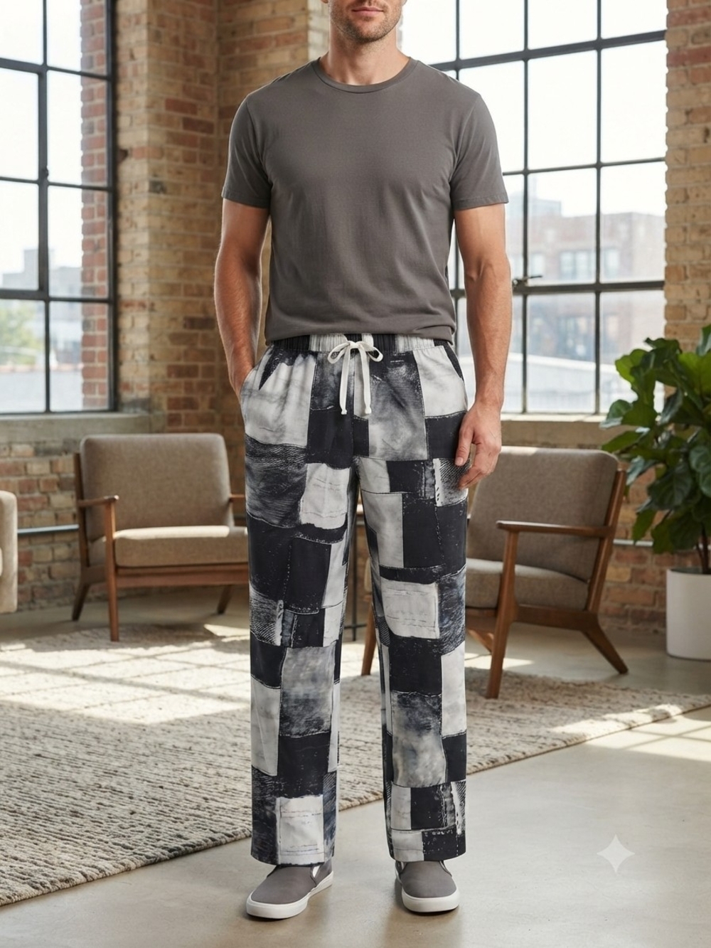 Men's Black & White Patchwork Lounge Joggers with Drawstring Waist